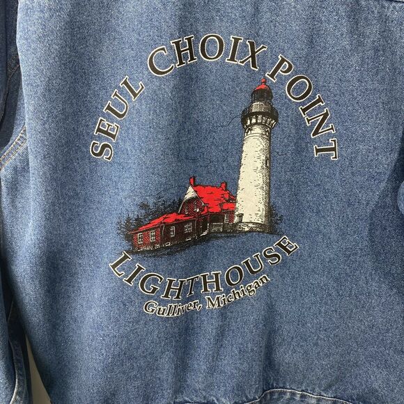 Denim‎ Jean Jacket Blue Seul Choix Point Lighthouse Gulliver Michigan Sz M - Picture 7 of 8